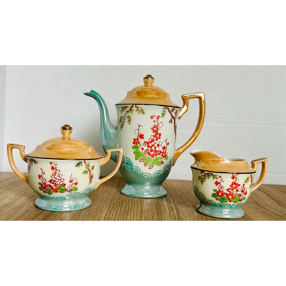 Vintage Chikaramachi Lusterware Tea SetJapan Floral Teapot Creamer Sugar Bowl